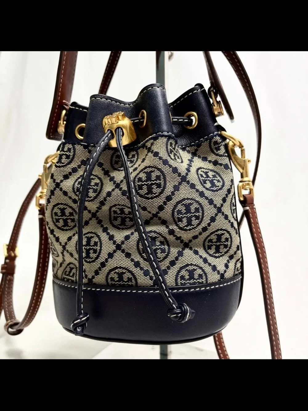 Tory Burch Navy & Tan Monogram Jacquard Drawstring Crossbody